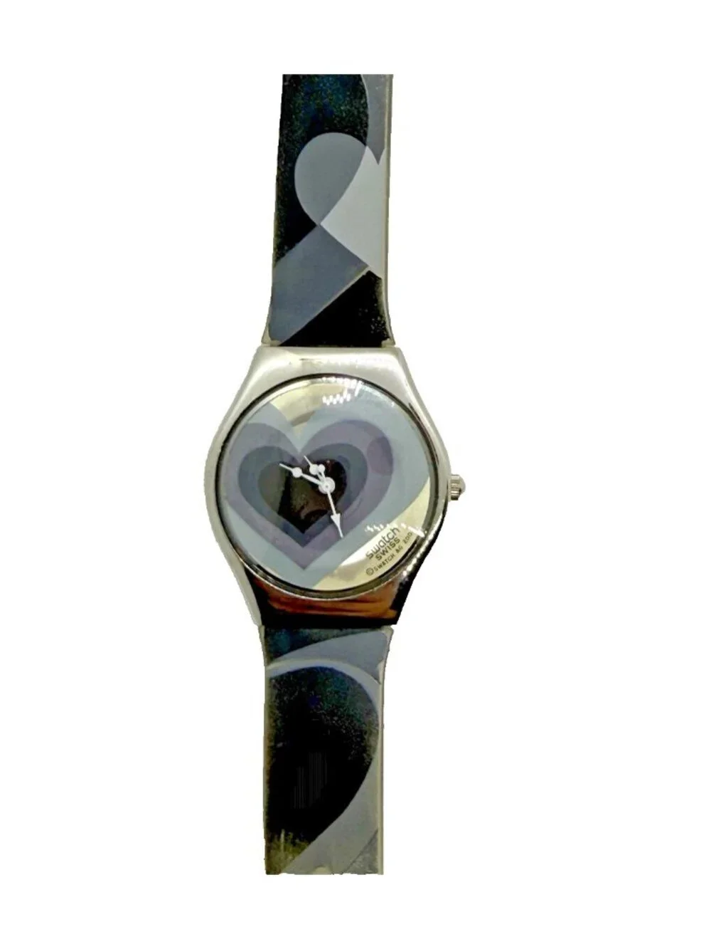 Swatch AG200 Women's Watch Hearts Silver Tone Case Gray Blue Plastic Band Quartz